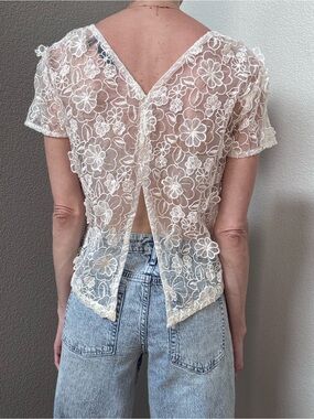 Vintage Sheer Floral Embroidered Organza Top White Women’s M Boho Cottagecore